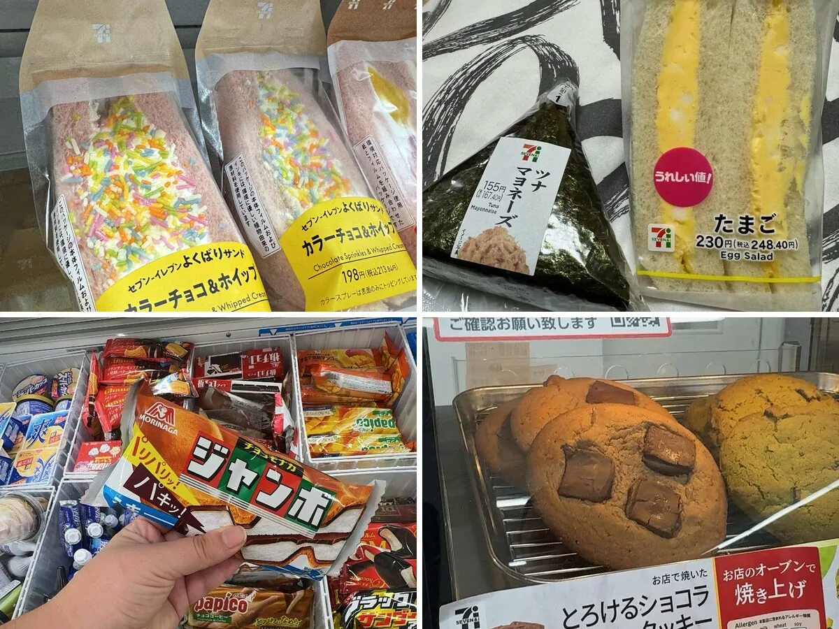 7-Eleven Japan food we'd buy again: sprinkle sandwiches on the shelf, a tuna mayo onigiri and egg salad sandwich, a Choco Monaka Jumbo, and a melty chocolate cookie