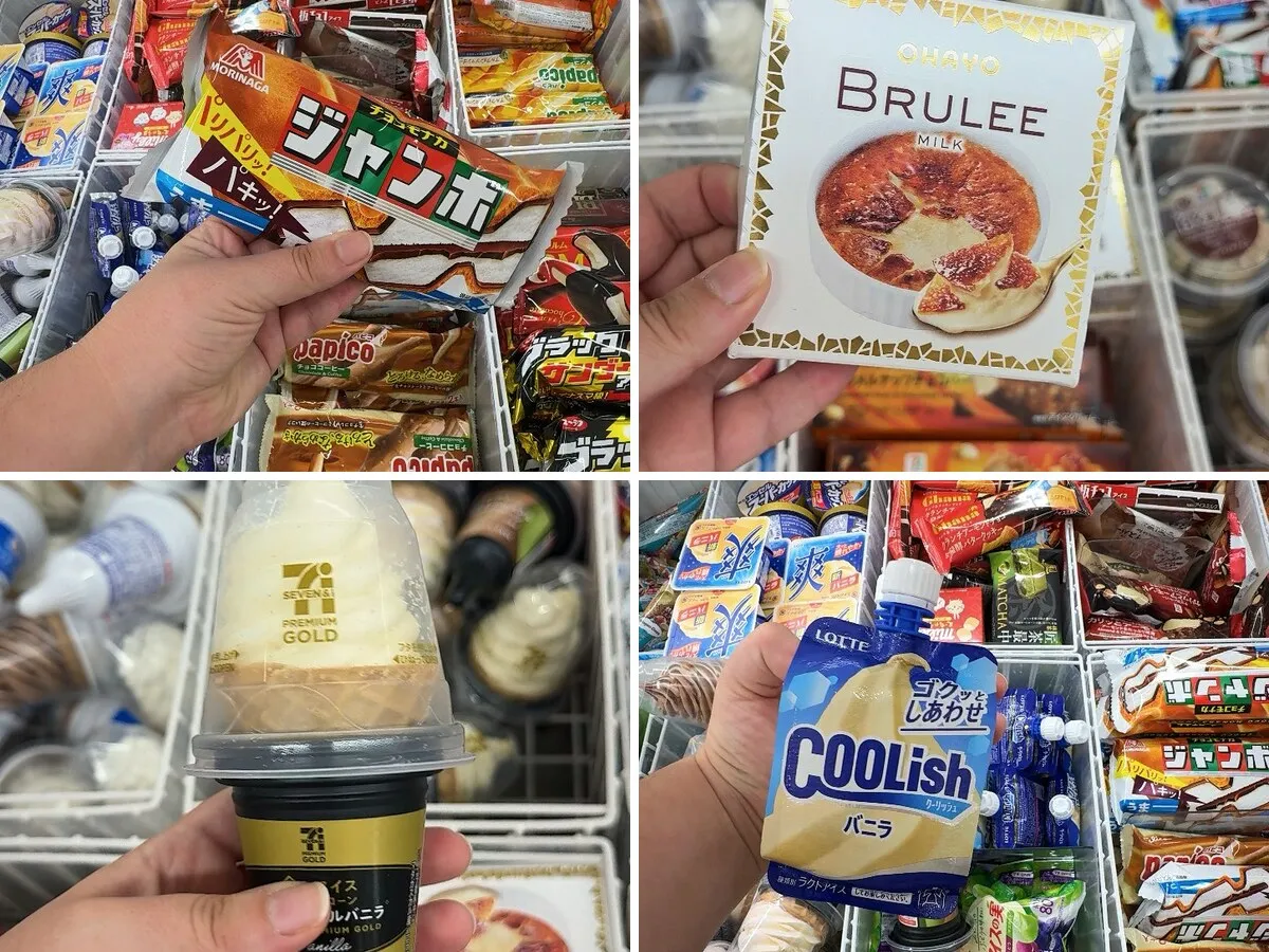 7-Eleven Japan ice cream we'd buy again: a Choco Monaka Jumbo, a box of BRULEE, a Seven Premium Gold waffle cone, and a Coolish pouch held over the freezer