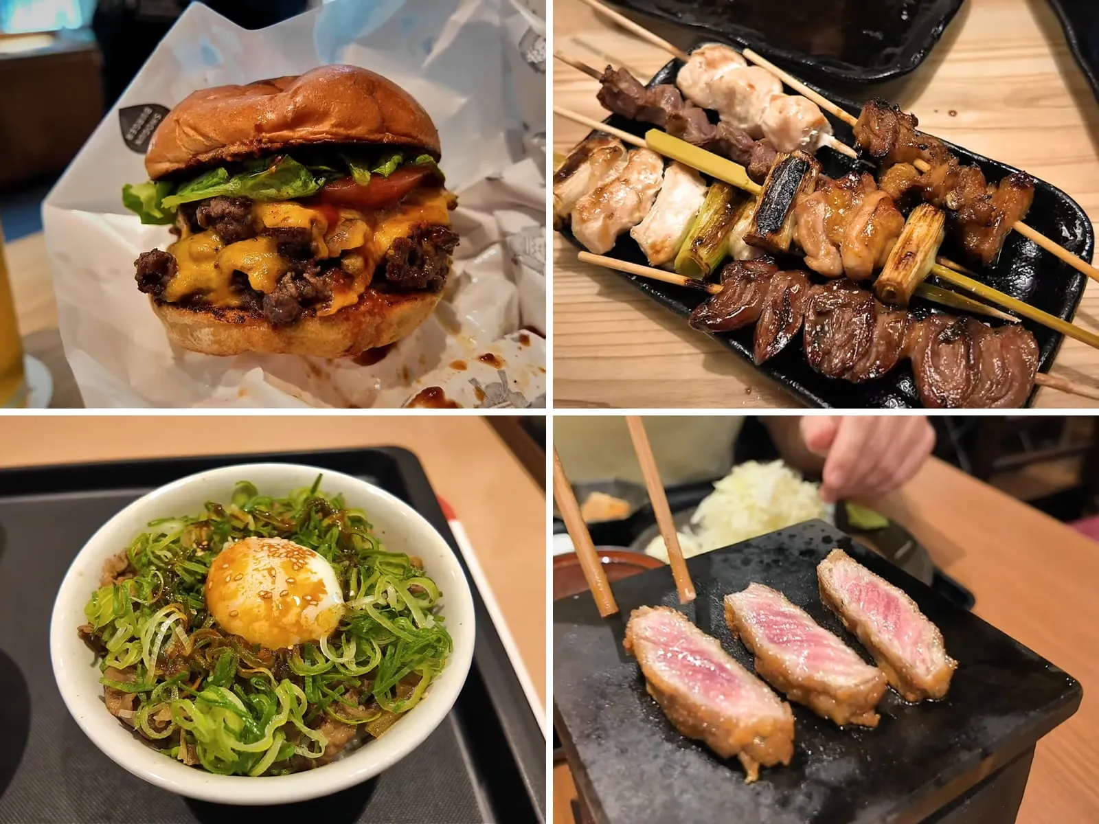 Four of the best restaurant meals in Tokyo: a wagyu double cheeseburger at Shogun Burger, yakitori skewers at Torikizoku, a gyudon beef bowl with egg at Matsuya, and gyukatsu searing on a hot stone at Gyukatsu Motomura