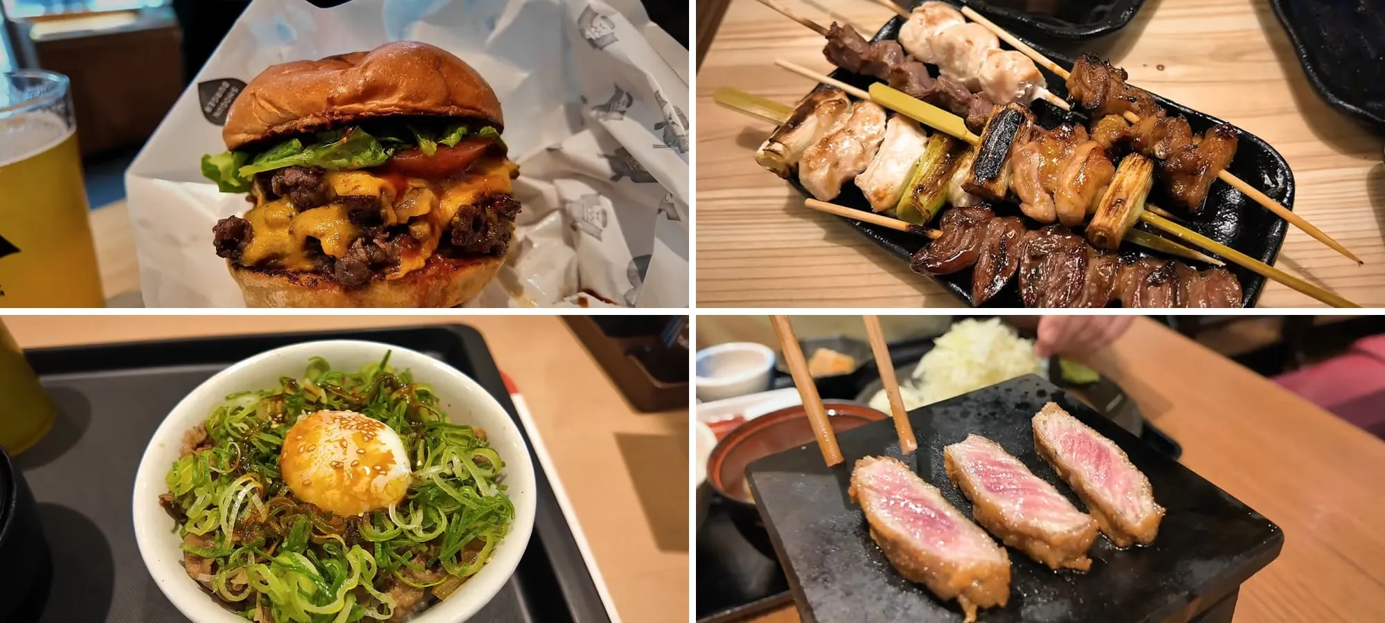 Four of the best restaurant meals in Tokyo: a wagyu double cheeseburger at Shogun Burger, yakitori skewers at Torikizoku, a gyudon beef bowl with egg at Matsuya, and gyukatsu searing on a hot stone at Gyukatsu Motomura