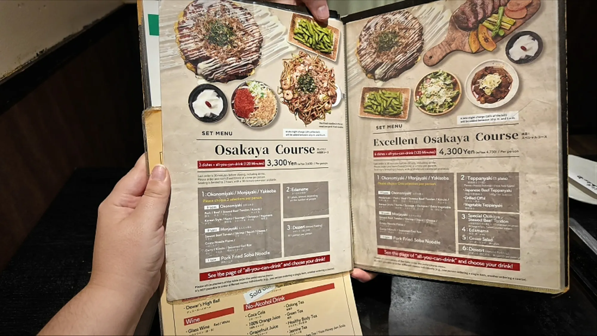The English course menu at Osakaya in Tokyo, showing the Osakaya Course and Excellent Osakaya Course with photos of okonomiyaki and monjayaki.