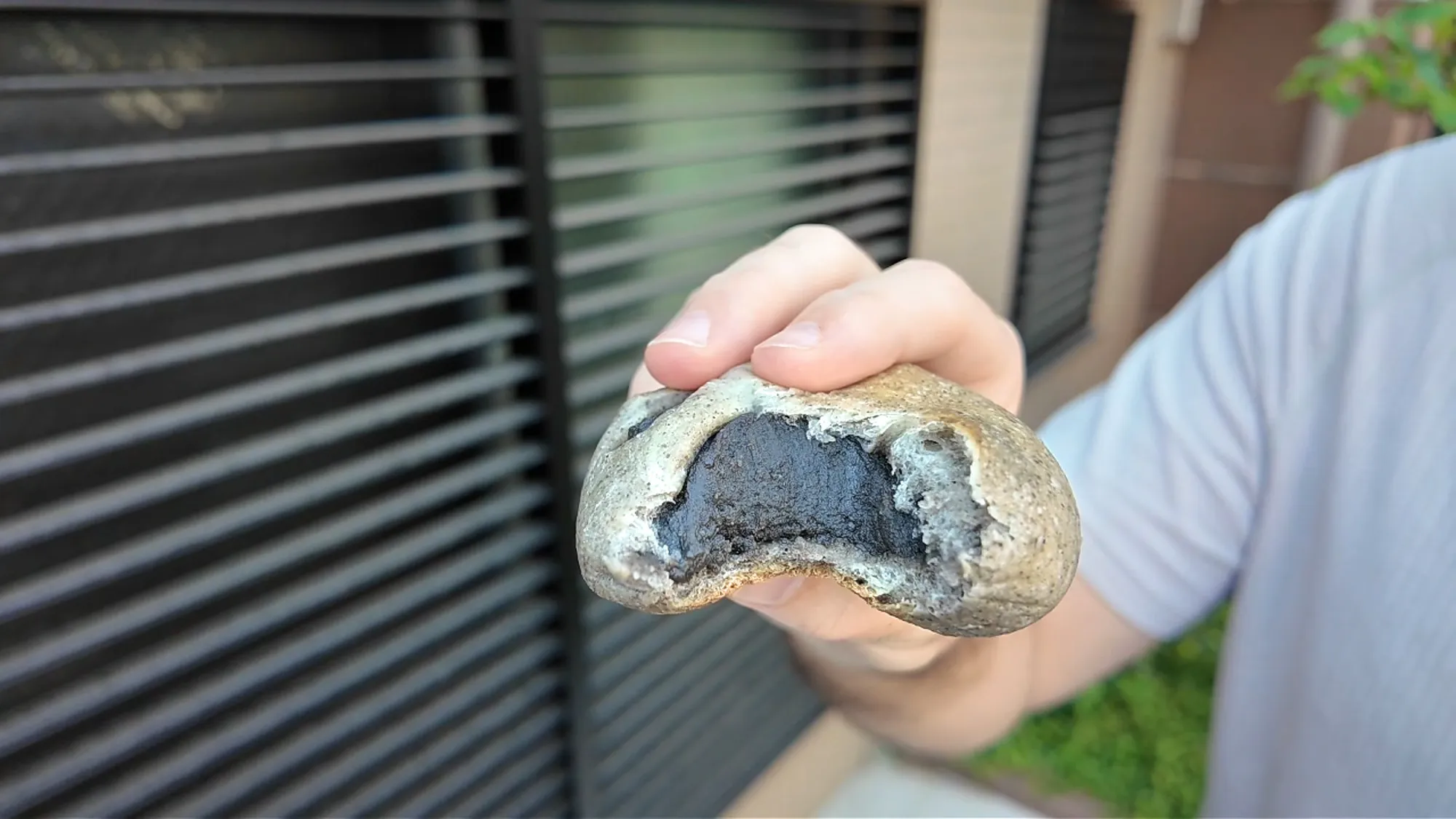 A black sesame bun with a bite taken out, showing the thick dark sesame filling inside the thin grey dough