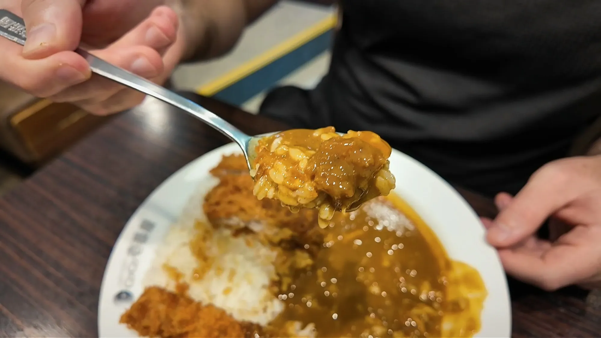 A spoonful of pork cutlet, rice, and thick curry sauce lifted from a CoCo Ichibanya plate in Tokyo.