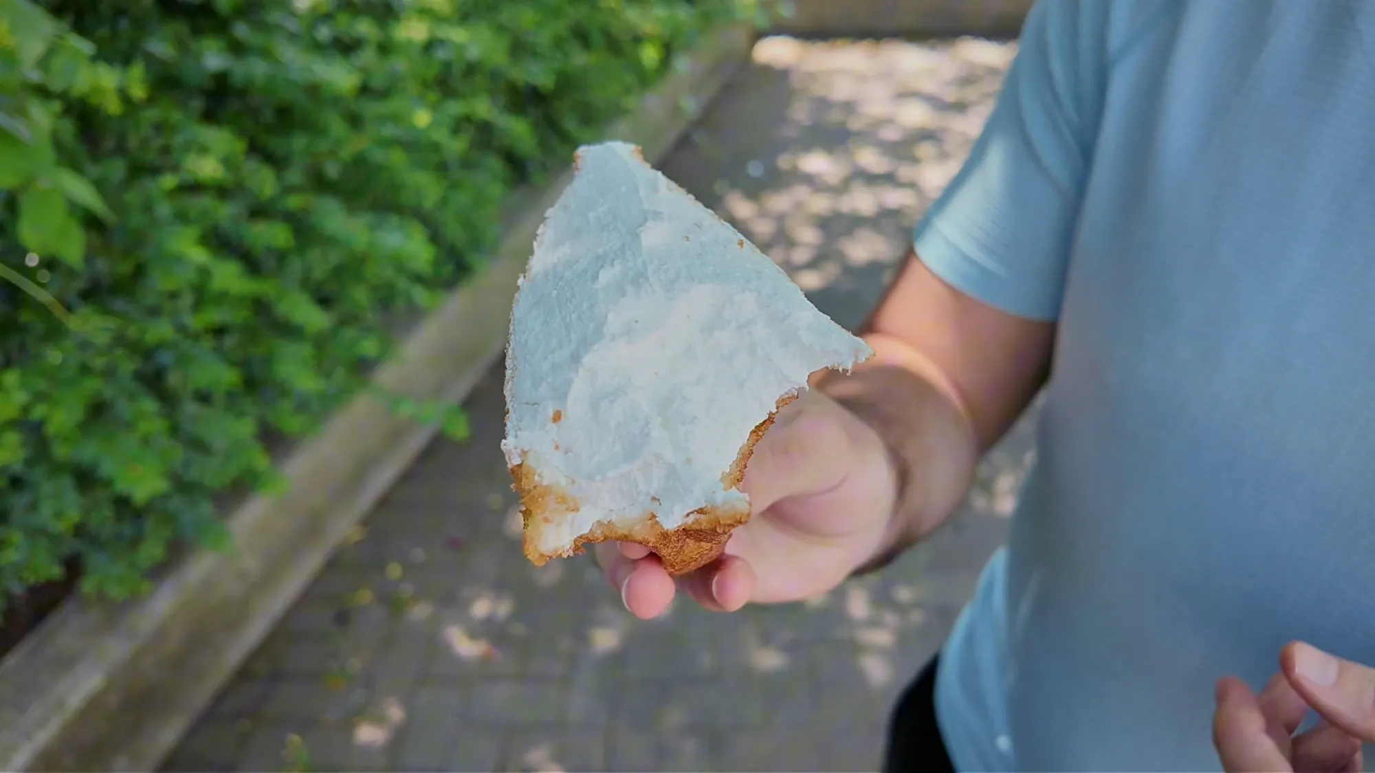 The cut side of the Age.3 whipped cream fried sandwich, showing a thick layer of cream inside.