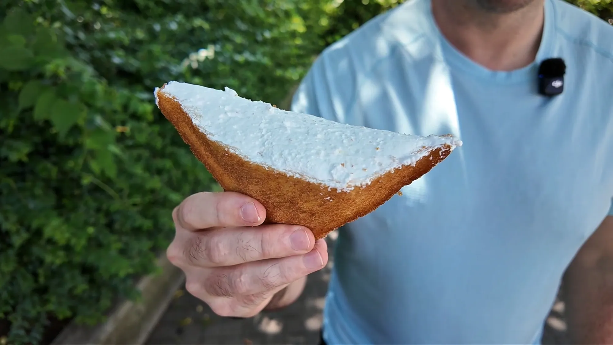 A triangle of golden fried bread filled with white whipped cream, held up in front of a hedge in Ginza.