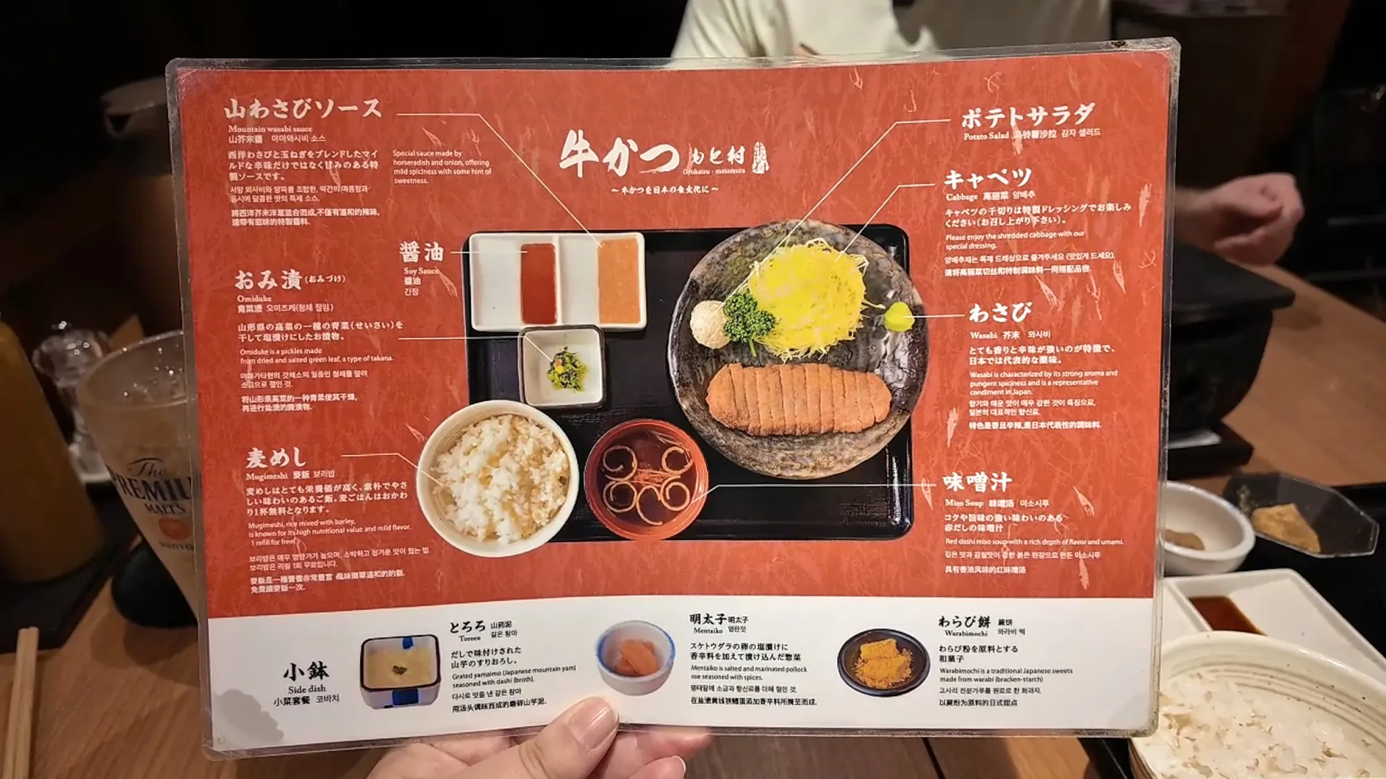 The Gyukatsu Motomura menu card showing each part of the set in Japanese, English, Korean, and Chinese, from the mountain wasabi sauce to the barley rice.
