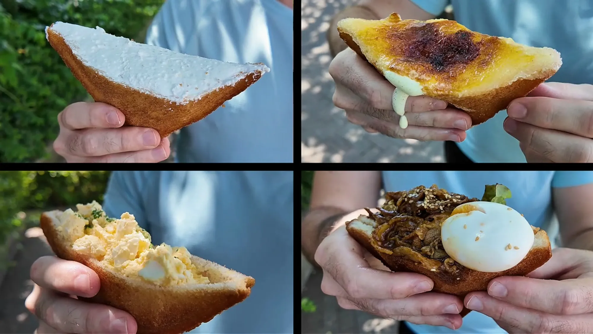 Four Age.3 Ginza fried sandwiches: whipped cream, crème brûlée custard, egg salad, and beef short rib yakiniku with a boiled egg.