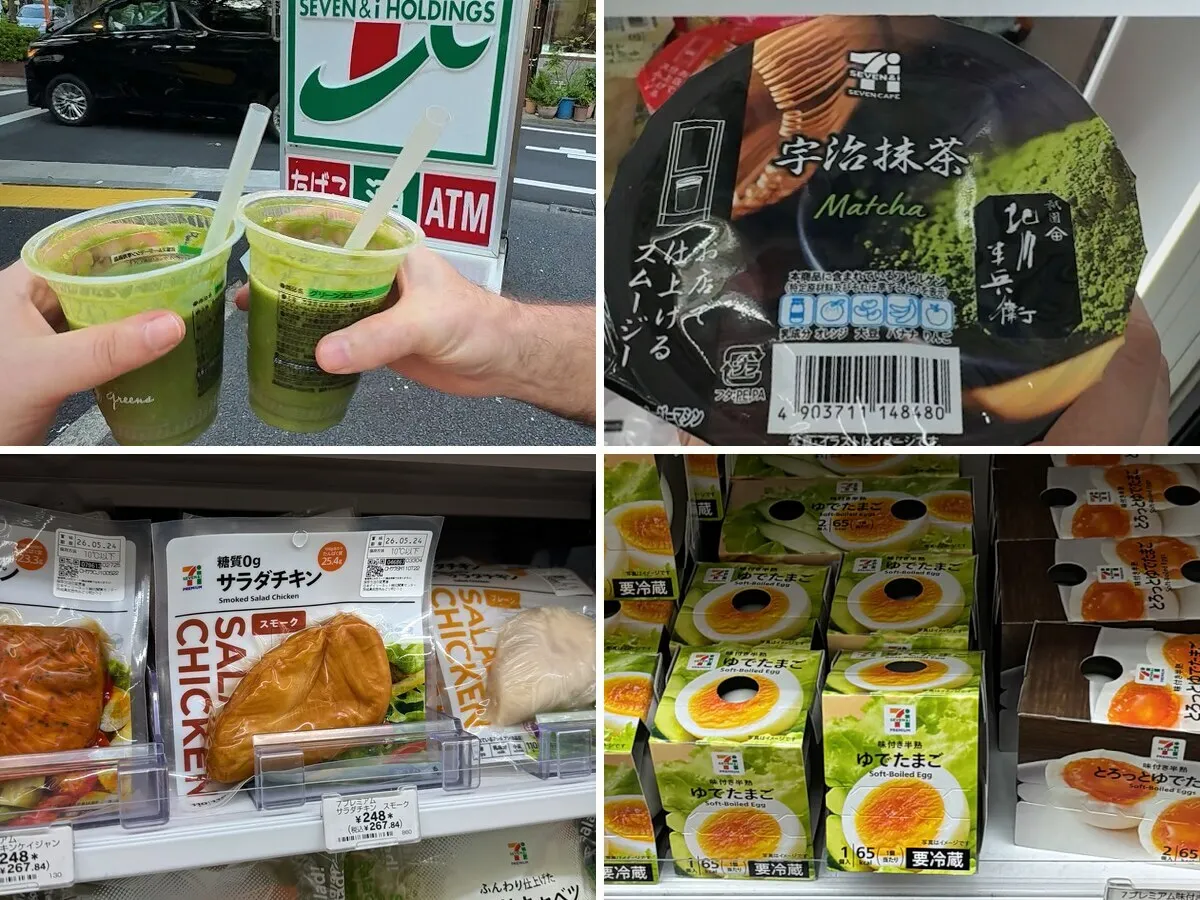 Healthy 7-Eleven food in Tokyo: two green smoothies outside a 7-Eleven, a matcha smoothie cup, smoked salad chicken, and soft-boiled eggs