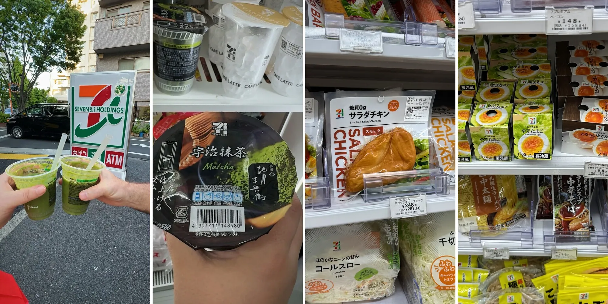 Healthy 7-Eleven food in Tokyo: two green smoothies outside a 7-Eleven, a matcha smoothie cup, smoked salad chicken, and soft-boiled eggs