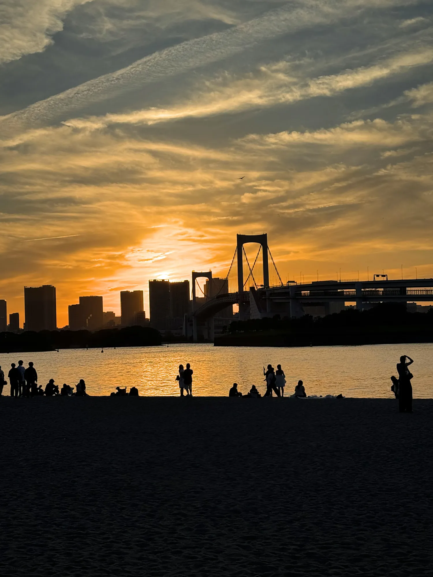 People silhouetted on the beach at Odaiba Seaside Park as the sun sets behind Rainbow Bridge and the Tokyo skyline.