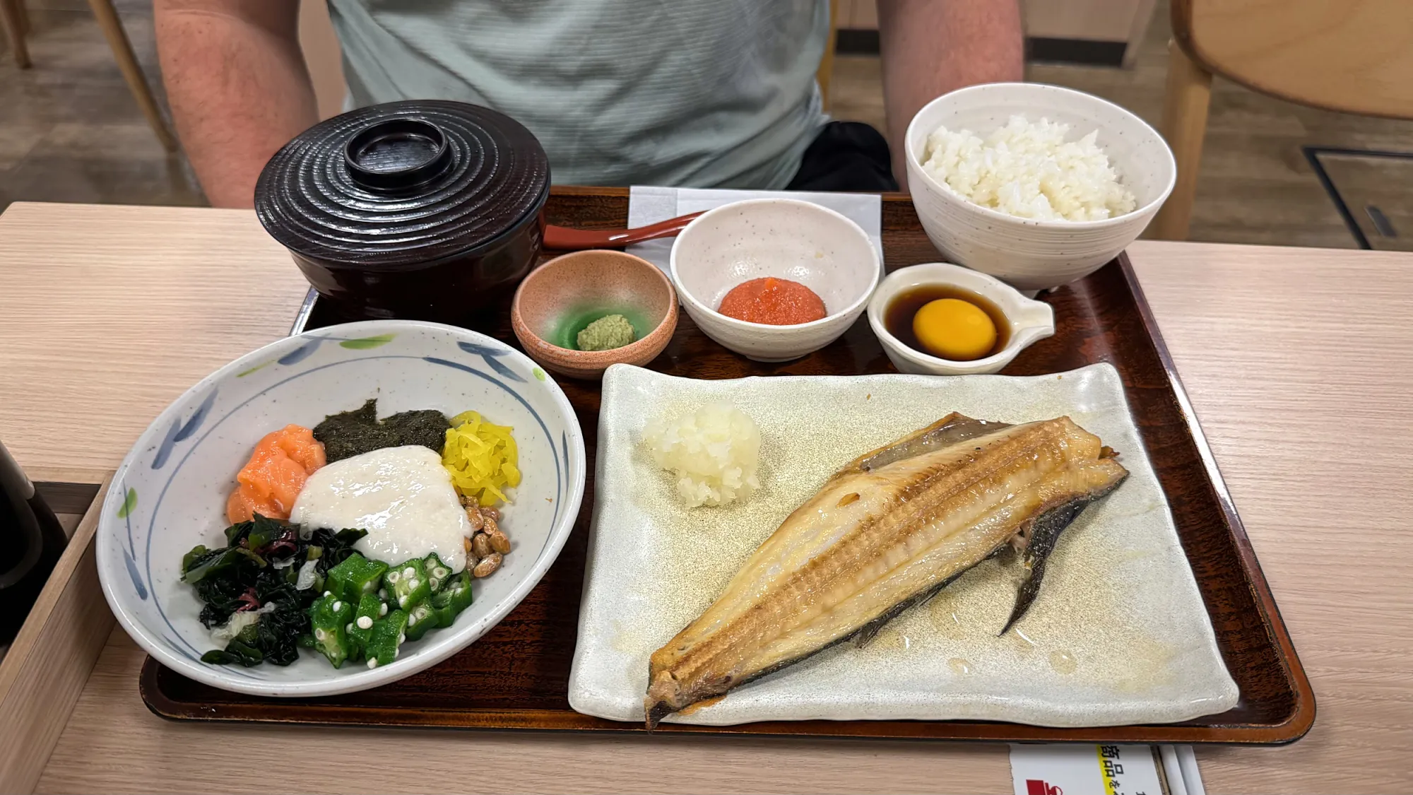 A Japanese breakfast tray with grilled fish, rice, miso soup, and small side dishes at Yayoiken in Tokyo.