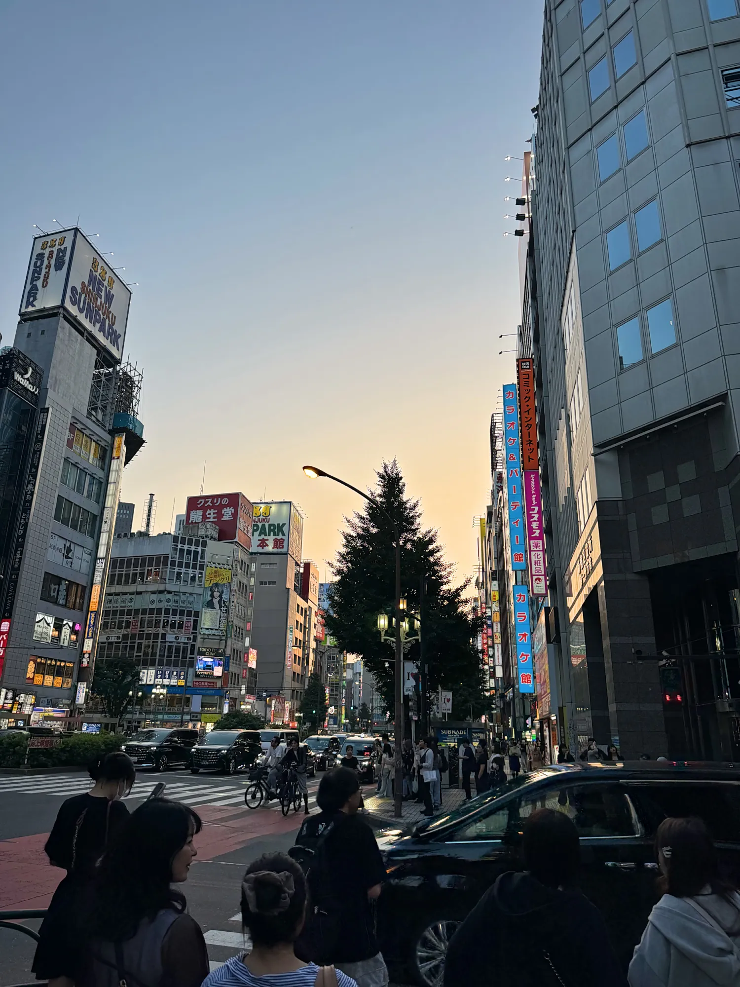 People crossing a busy Shinjuku street at dusk, with glowing neon signs on the buildings on both sides.