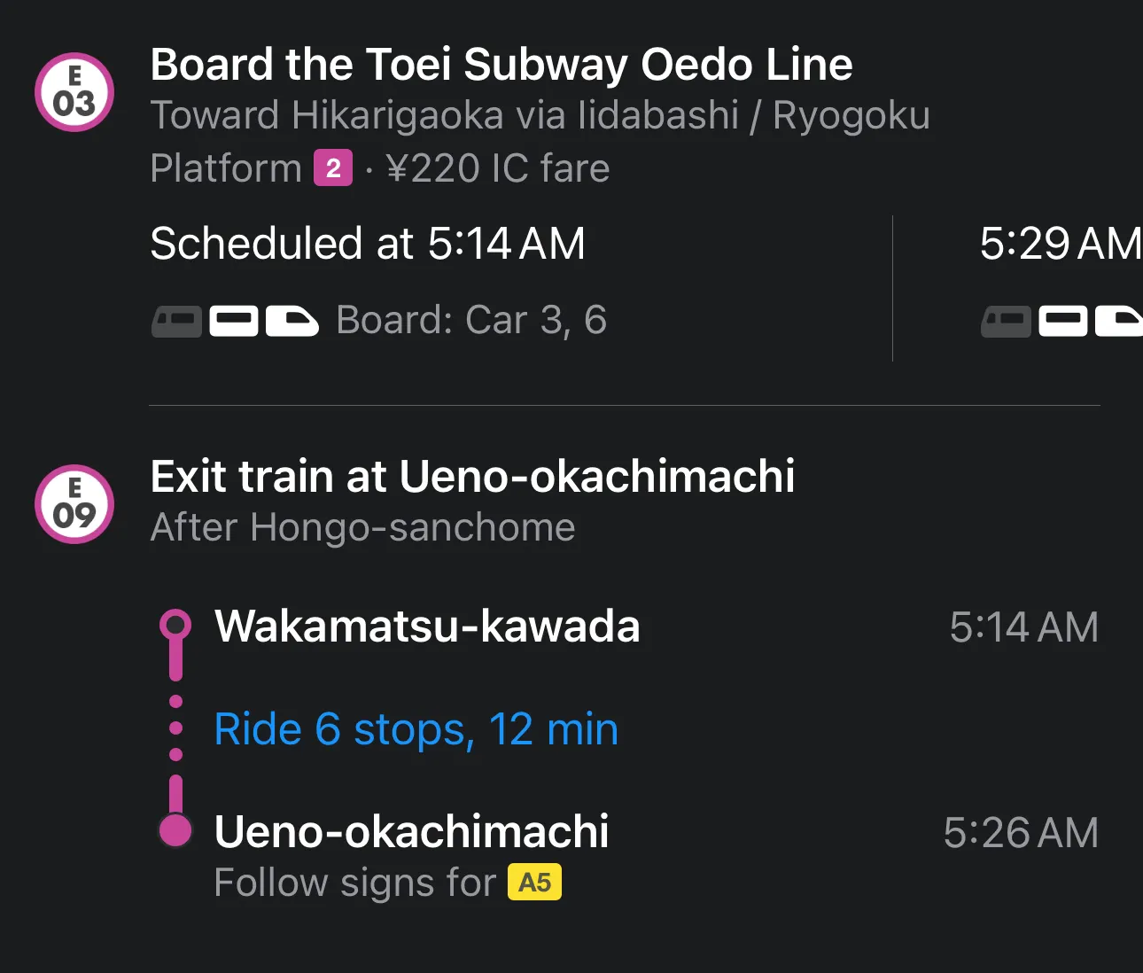 Apple Maps transit directions in Tokyo: board the Toei Oedo Line at Wakamatsu-kawada on platform 2 for a 220 yen IC fare, ride six stops, exit at Ueno-okachimachi, and follow signs for A5.
