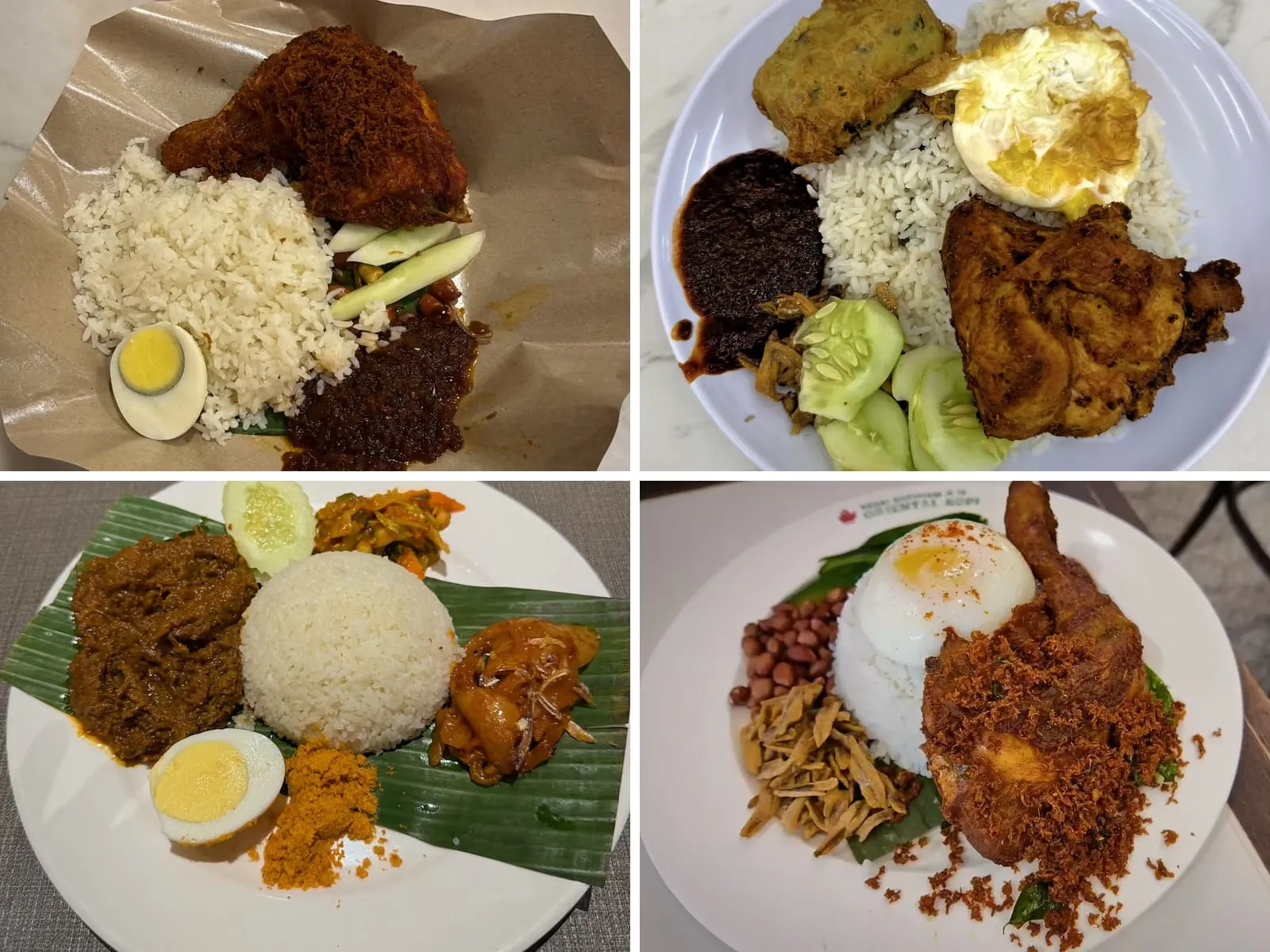 Four KL nasi lemak plates: fried chicken on brown paper, Wanjo's plate, rendang on banana leaf and Oriental Kopi's chicken