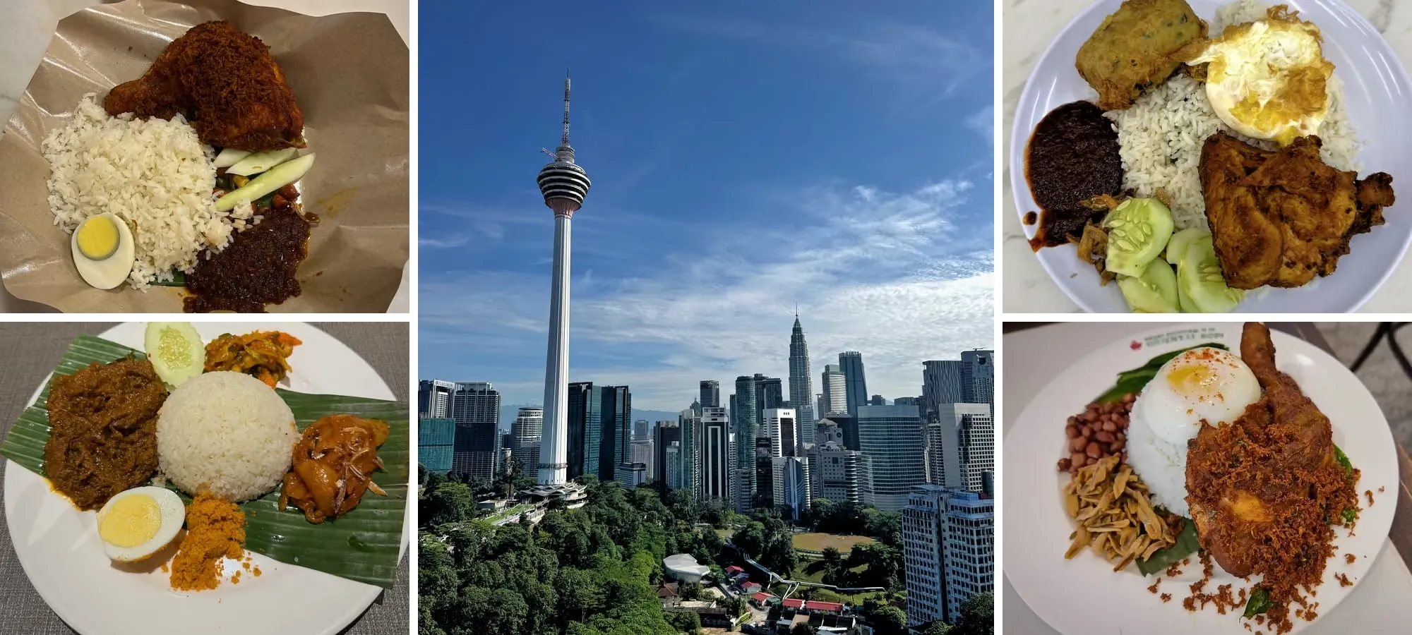 Four nasi lemak plates from Village Park, Wanjo, Madam Kwan's and Oriental Kopi around the KL Tower and Petronas skyline