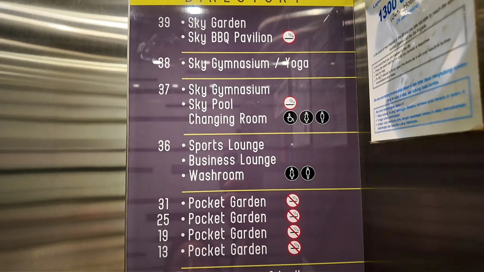 The floor directory at Ceylonz Suites listing the sky garden, gym, pool, lounges, and pocket gardens by floor.