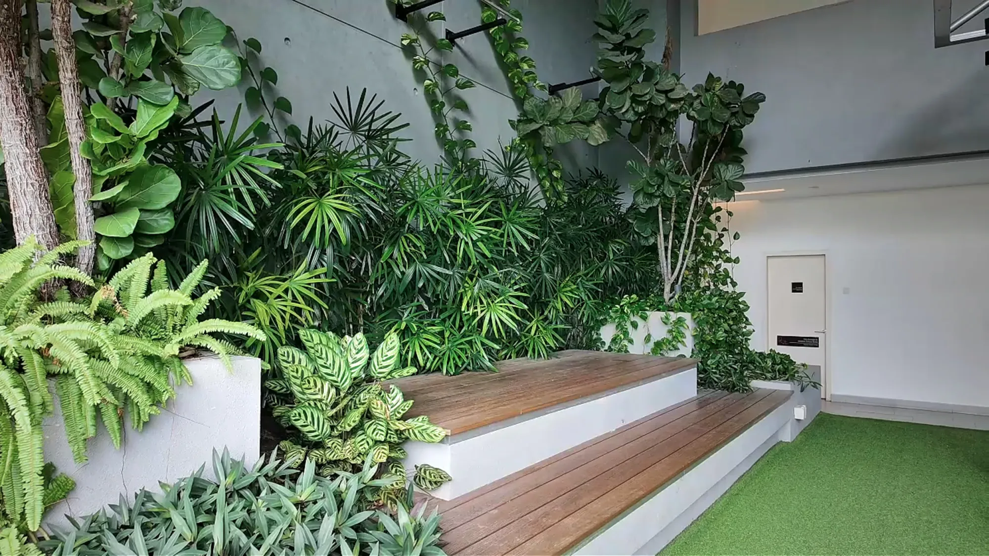 A pocket garden at Ceylonz Suites with tall tropical plants, artificial grass, and a wooden bench.