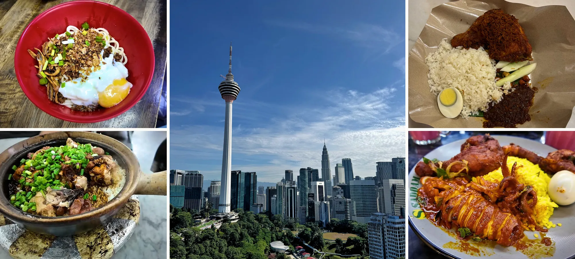 Collage with KL city in center surrounded by food