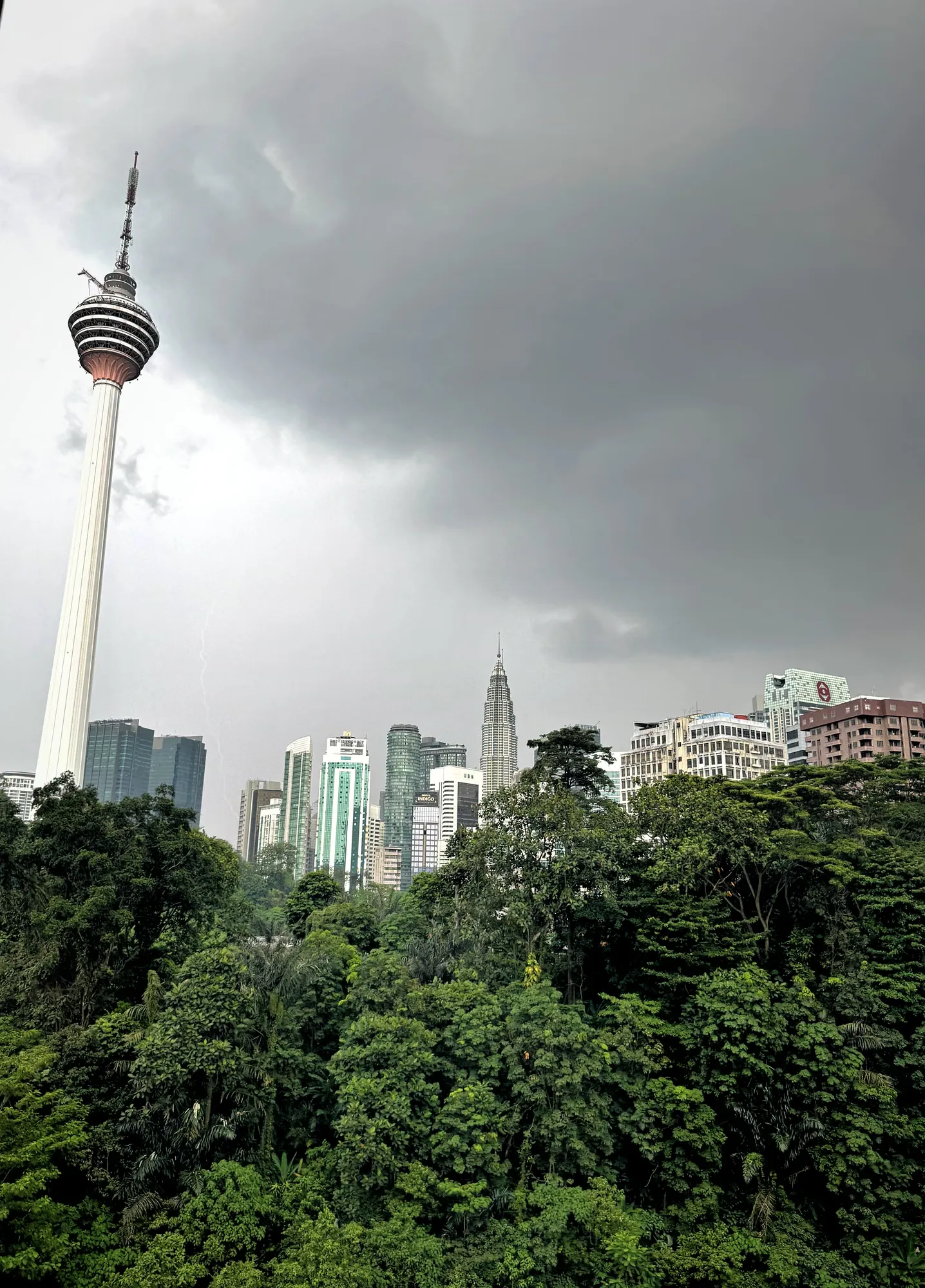 Dark storm clouds gathering over the KL Tower and the rainforest of KL Forest Eco Park, seen from Ceylonz Suites.