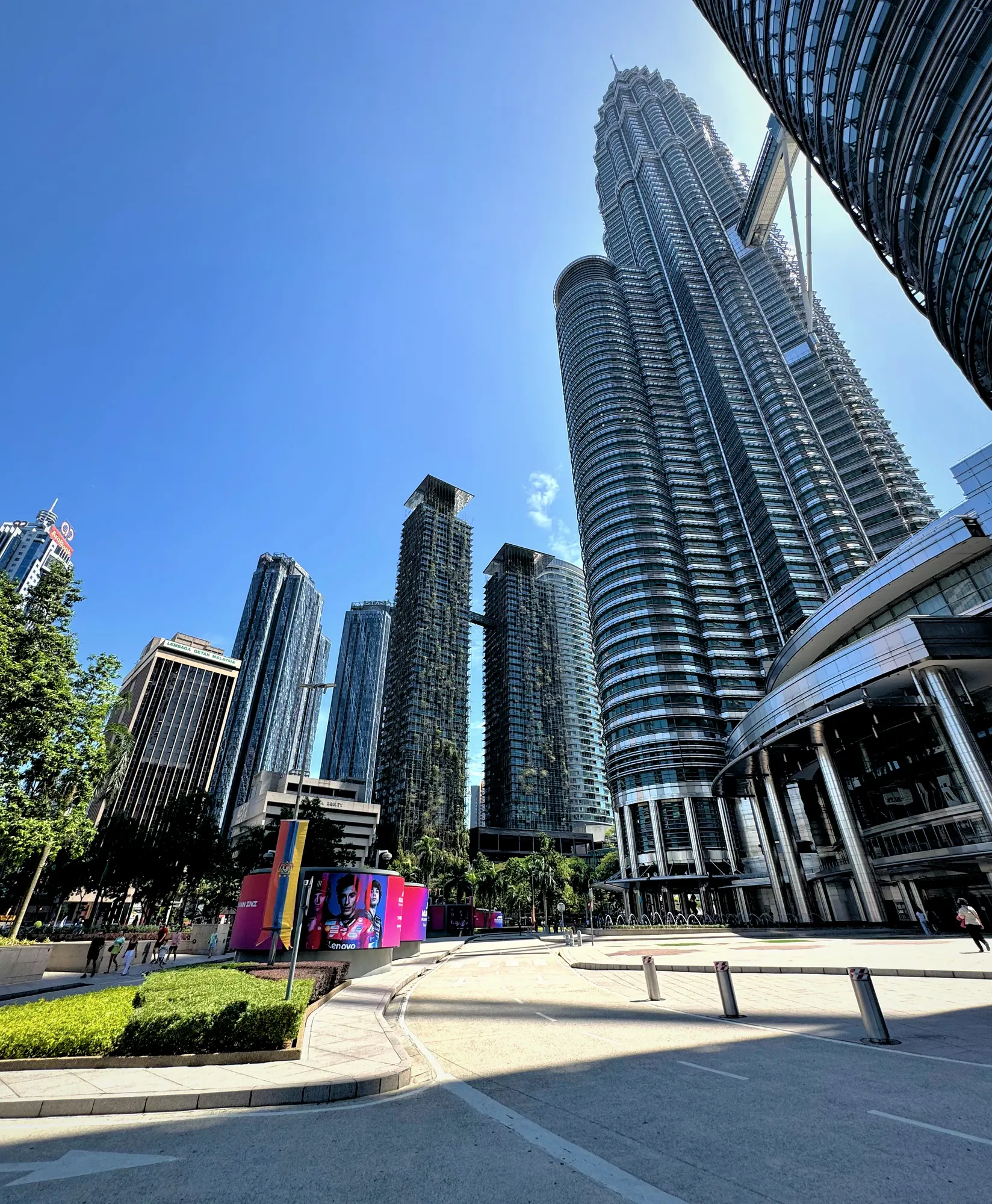 The Petronas Twin Towers seen from the street at KLCC in Kuala Lumpur.