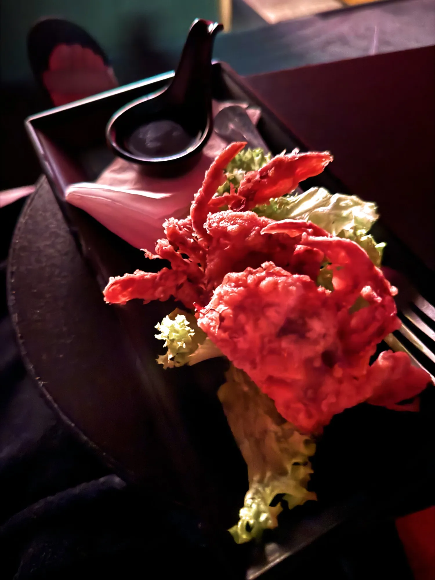 Crispy fried soft shell crab served at the seat in a Maybank Comfort Cabin at Aurum Theatre, The Exchange TRX.