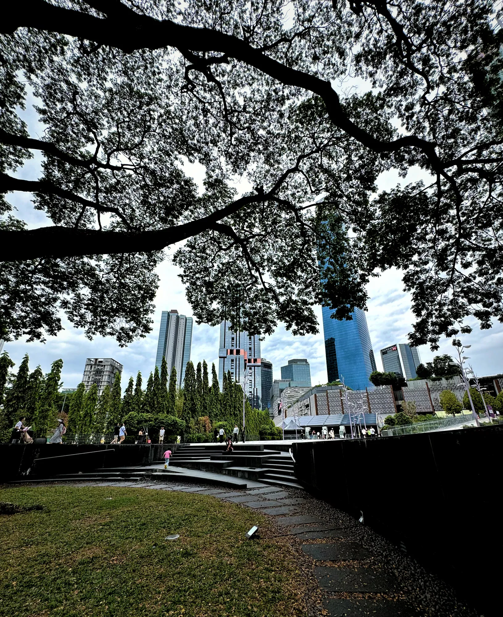 Tree branches arching over curved stone terraces in TRX City Park, the rooftop park at The Exchange TRX, with the Exchange 106 tower behind.