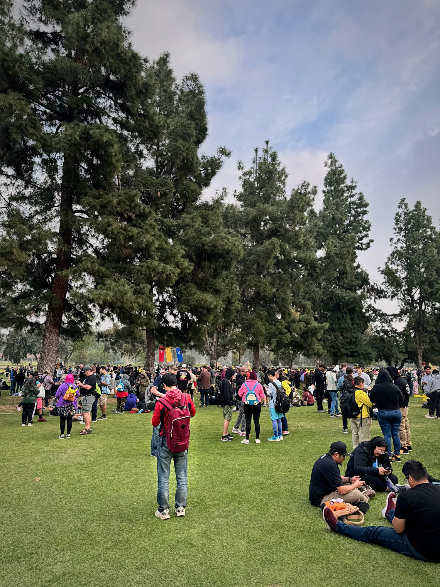Pokémon GO trainers standing and sitting on a green lawn under a row of tall pine trees at the Rose Bowl during GO Tour, phones in hand.
